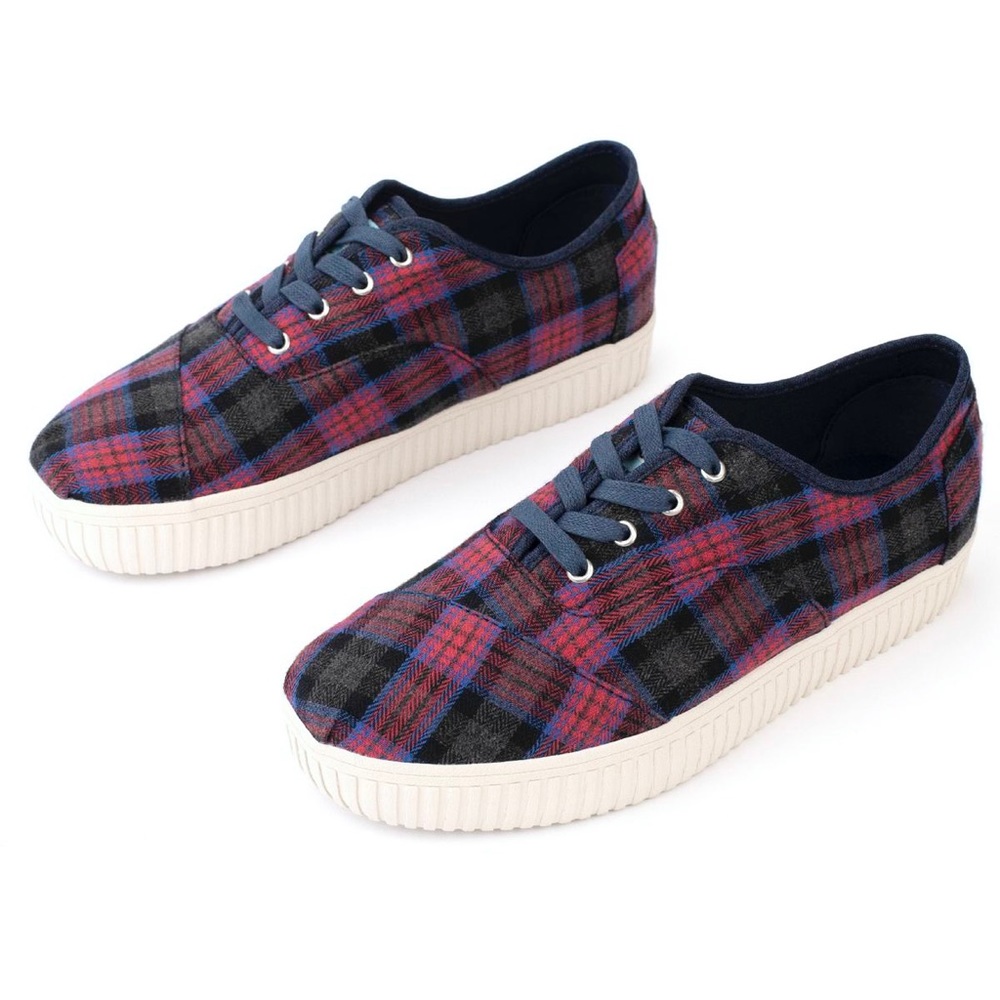 NEW Toms Shoes Womens Size 6 Cordones Indio Sneakers Navy + Red Crosshatch Plaid